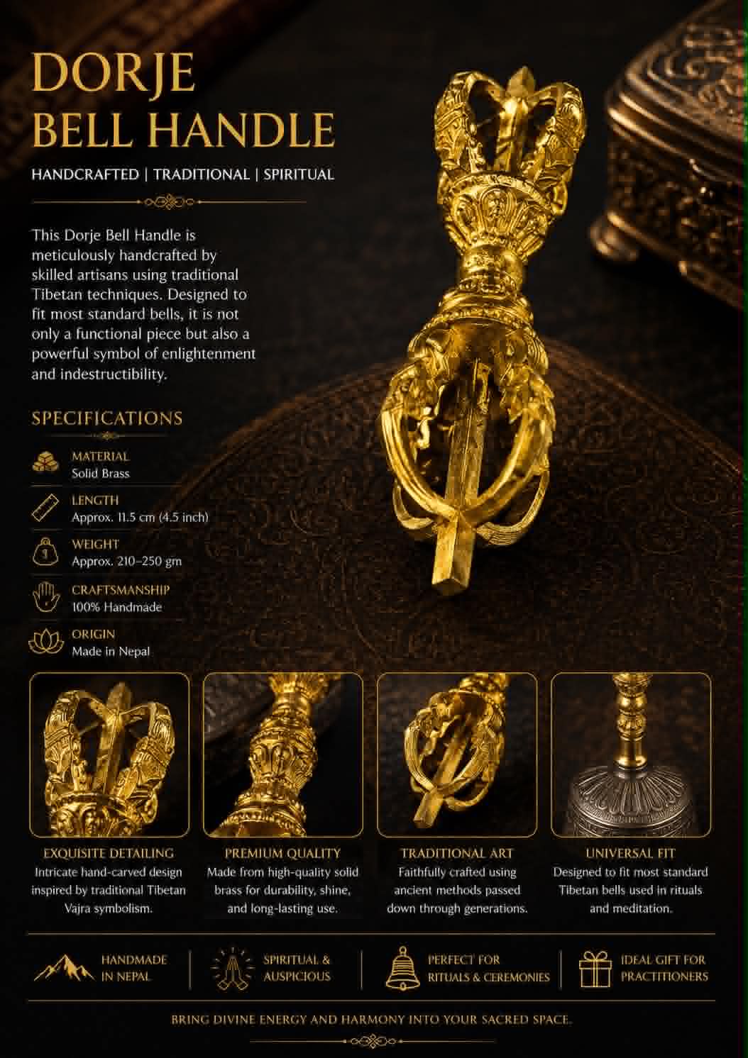 Sacred Hand-Carved Dorje Bell Handle - Vajra for Rituals & Meditation