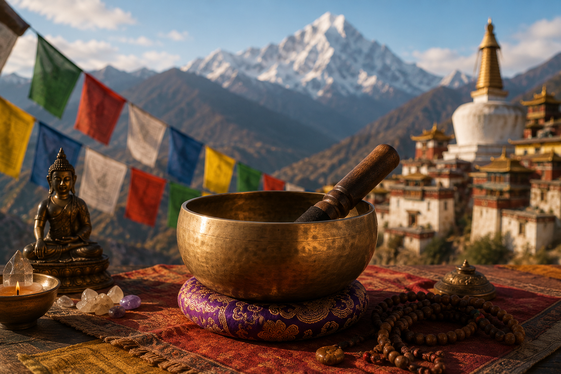 Handcrafted Tibetan singing bowl on a silk cushion in a peaceful place