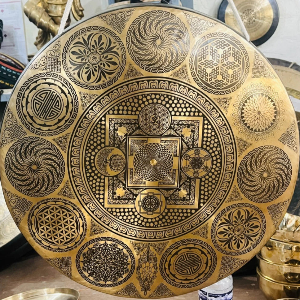 24 Inches Handcrafted Sacred Geometry Gong -Flower of Life, Sri Yantra