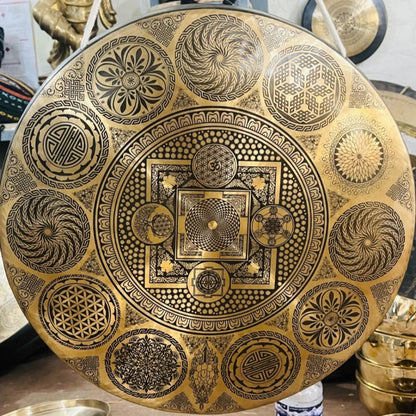 24 Inches Handcrafted Sacred Geometry Gong -Flower of Life, Sri Yantra