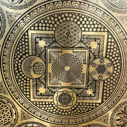 24 Inches Handcrafted Sacred Geometry Gong -Flower of Life, Sri Yantra