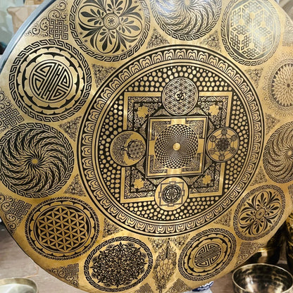 24 Inches Handcrafted Sacred Geometry Gong -Flower of Life, Sri Yantra